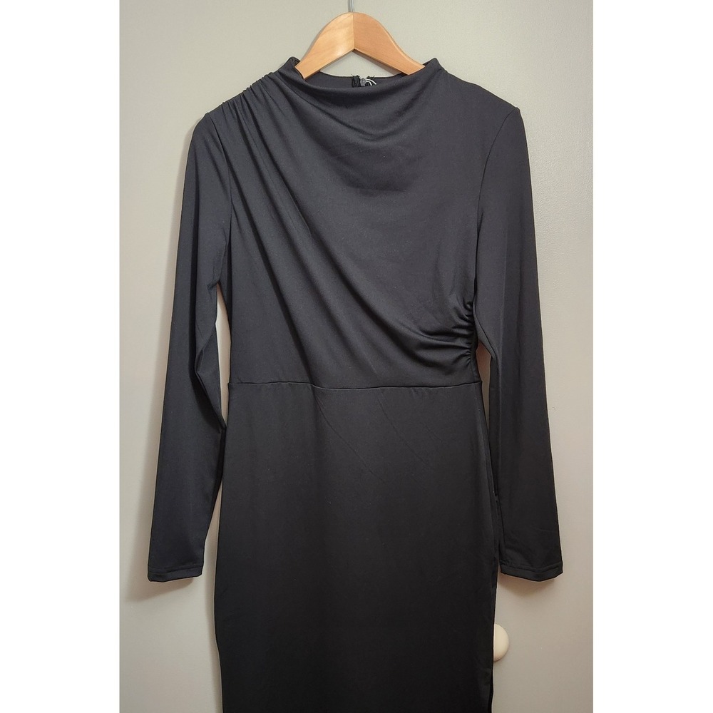 MIROL Women's MEDIUM long sleeve black Maxi dress Mock Neck Slit Business Casual - Picture 2 of 6